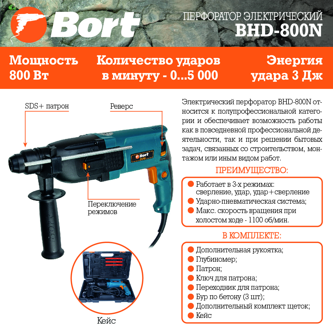 Перфоратор электрический BORT BHD-800N