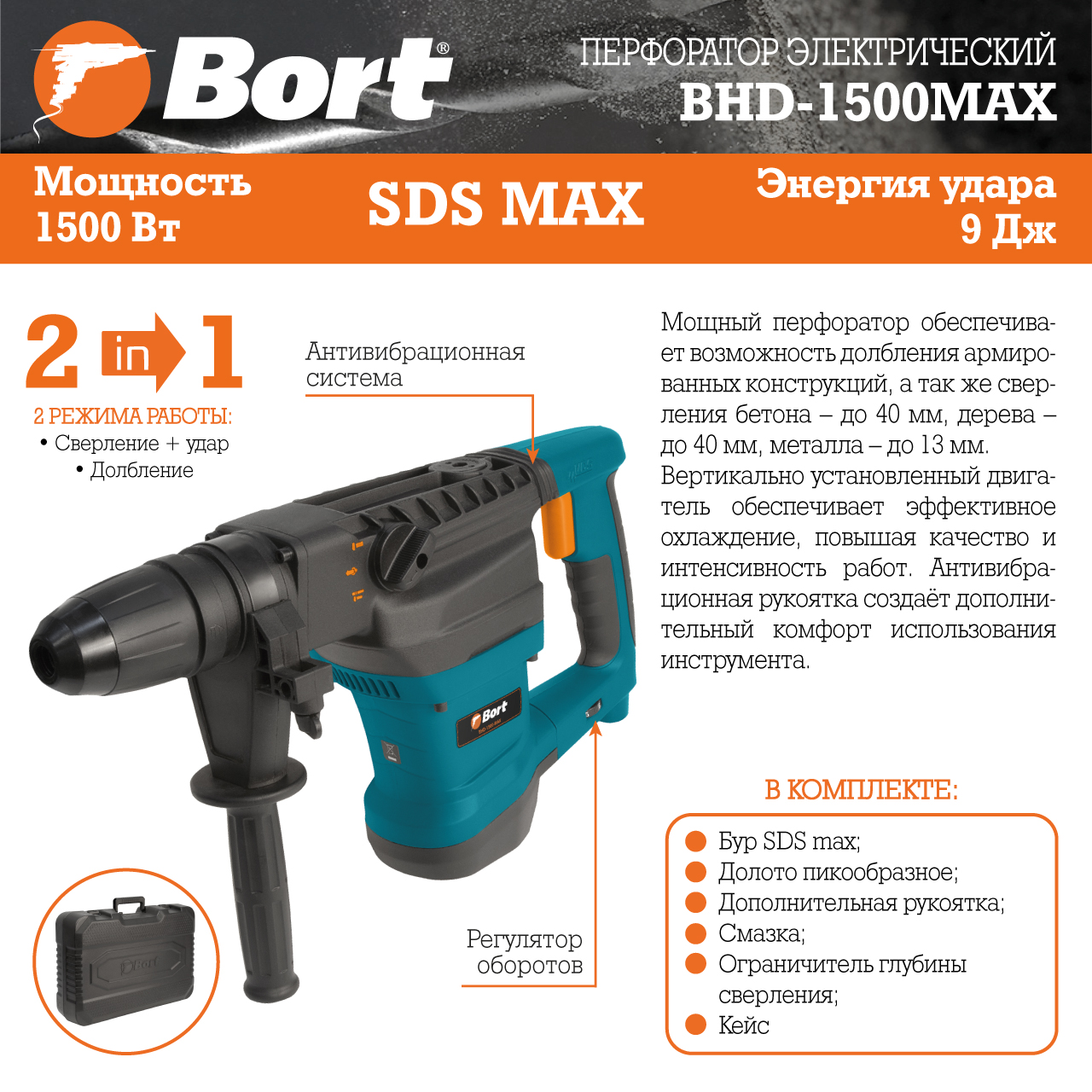 Перфоратор электрический BORT BHD-1500-MAX
